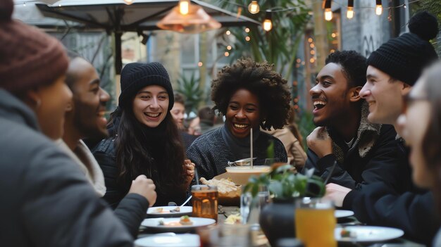 Eine Gruppe verschiedener Freunde sitzt an einem Tisch in einem Restaurant und lacht und genießt die Gesellschaft der anderen