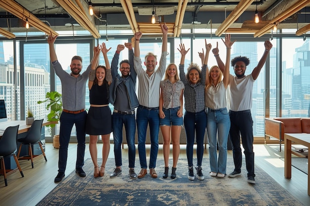 Eine Gruppe verschiedener Geschäftsleute feiert den Erfolg in einem modernen Büro