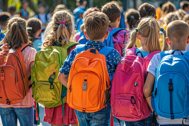 Foto eine gruppe verschiedener grundschüler mit farbenfrohen rucksäcken versammelt sich an einem sonnigen tag draußen