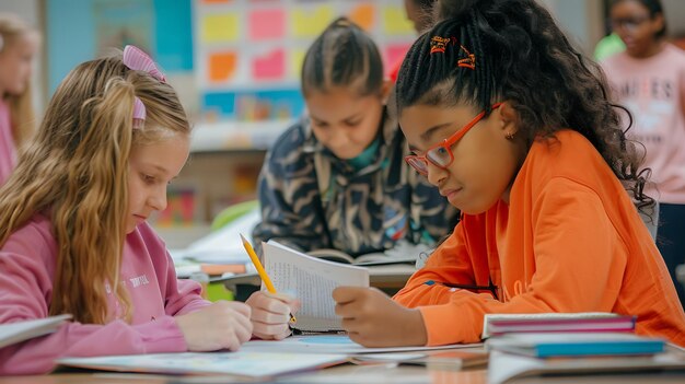 Eine Gruppe verschiedener Grundschüler sitzt an einem Tisch und liest Bücher