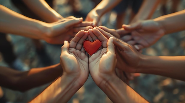Eine Gruppe verschiedener Hände hält ein rotes Herz Die Hände sind unterschiedlicher Farbe und Alter und symbolisieren die Einheit von Menschen aus allen Lebensbereichen