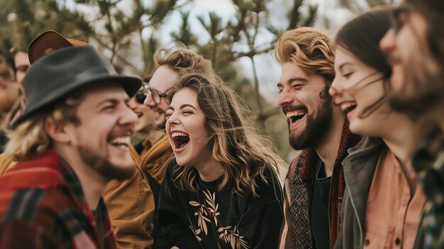 Eine Gruppe verschiedener junger Freunde lacht draußen zusammen, sie tragen alle lässige Kleidung und sehen aus, als hätten sie eine gute Zeit.