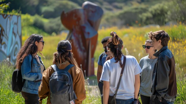 Foto eine gruppe verschiedener junger leute steht auf einem feld mit gelben blumen und schaut in die ferne auf eine große metallskulptur.