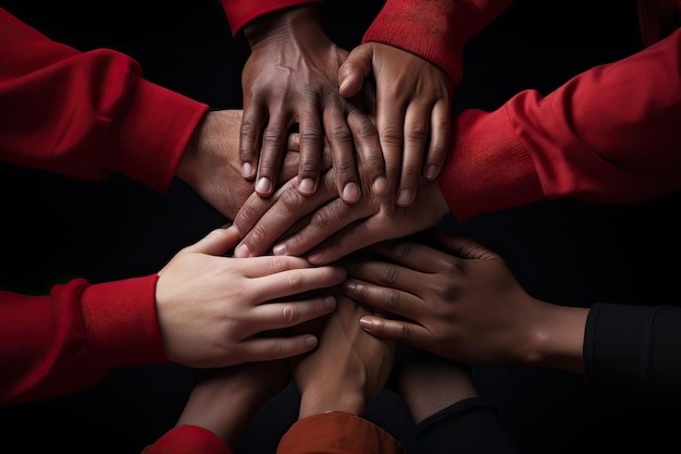 Eine Gruppe verschiedener junger Menschen, die sich in einem Kreis auf schwarzem Hintergrund die Hände geben, um Einheit und Teamarbeit zu zeigen.