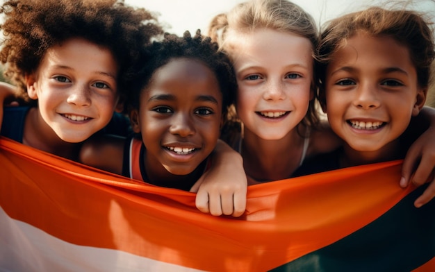 Eine Gruppe verschiedener Kinder, die eine Flagge halten, erziehen und feiern verschiedene Nationalitäten und Länder
