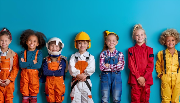 Foto eine gruppe verschiedener kinder träumt über ihre zukünftigen berufe auf farbigem hintergrund