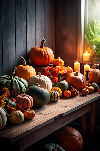 Eine Gruppe verschiedener Kürbisse auf einem Holztisch Halloween