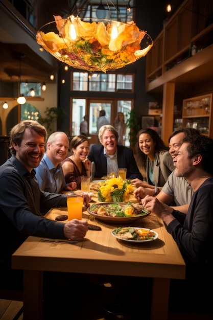 Eine Gruppe verschiedener Menschen lacht und genießt eine Mahlzeit zusammen in einem Restaurant