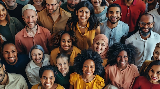 Eine Gruppe verschiedener Menschen verschiedener Kulturen und Ethnien lächelt und schaut in die Kamera