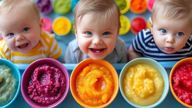 Eine Gruppe verschiedenfarbiger Schüsseln mit lächelnden Babys