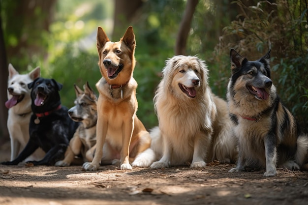 Eine Gruppe verspielter Hunde nimmt sich einen Moment Zeit, um sich im Schatten zu entspannen und ihre Zunge herauszustrecken