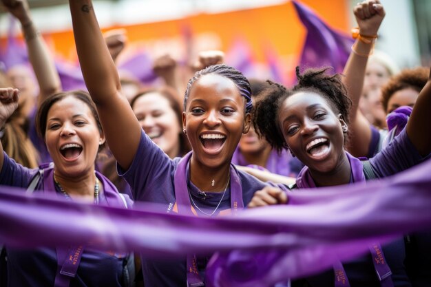 Eine Gruppe vielfältiger Frauen, die mit erhobenen Händen und geballten Fäusten Bewusstsein schaffen