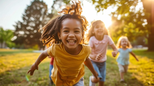 Eine Gruppe vielfältiger Kinder rennt und spielt an einem sonnigen Tag auf einem Feld. Sie lächeln alle und haben Spaß.