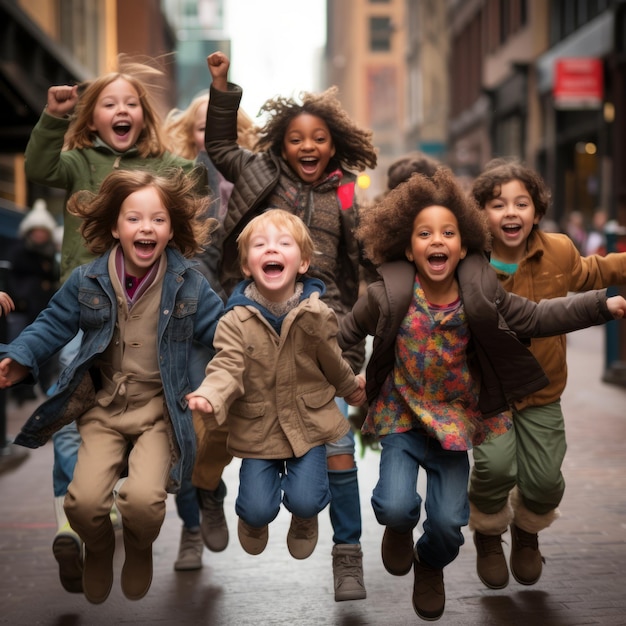 Eine Gruppe vielfältiger Kinder springt auf einer Stadtstraße in die Luft