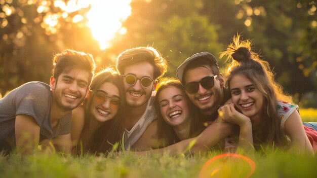 Eine Gruppe vielfältiger und glücklicher Freunde, die auf dem Gras liegen und in die Kamera lächeln