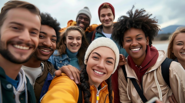 Eine Gruppe vielfältiger und glücklicher Freunde, die gemeinsam im Freien ein Selfie machen, lächeln alle und umarmen sich gegenseitig, und der Hintergrund ist verschwommen.