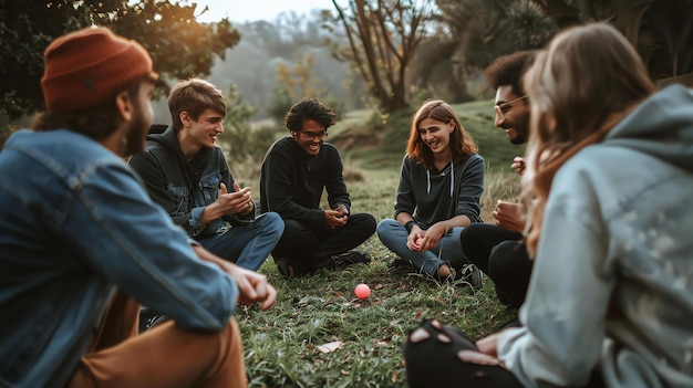 Foto eine gruppe vielfältiger und glücklicher freunde sitzt in einem kreis auf dem gras, reden und lachen zusammen, sie genießen einen schönen tag im park.