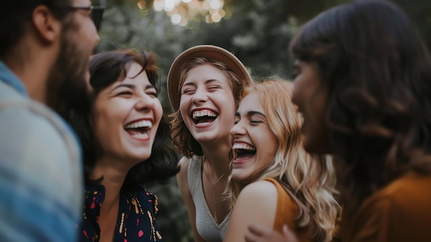 Foto eine gruppe vielfältiger und schöner junger leute lacht zusammen in einem offenen moment