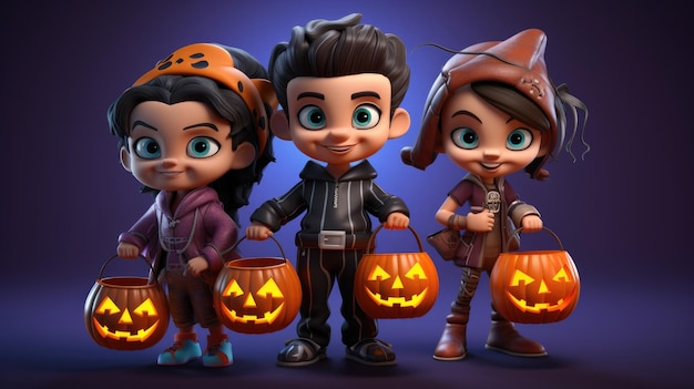 Eine Gruppe von 3D-Cartoon-Kindern in einem aufwändigen Halloween