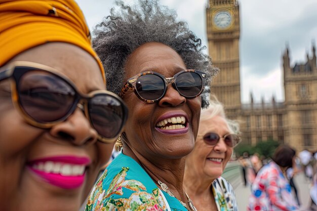 Eine Gruppe von älteren, multiethnischen Freundinnen, die im Sommer vor dem Big Ben in London unterwegs sind