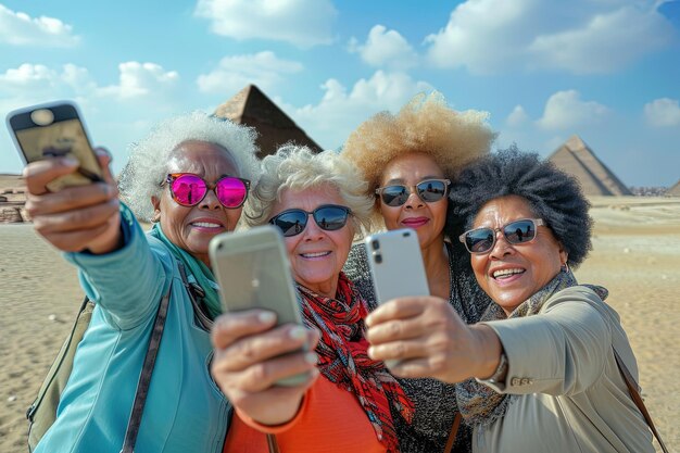 Foto eine gruppe von älteren, multiethnischen freundinnen macht ein selfie im urlaub bei den pyramiden von giza