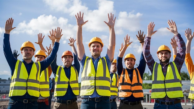 eine Gruppe von Arbeitern mit ihren Händen in der Luft