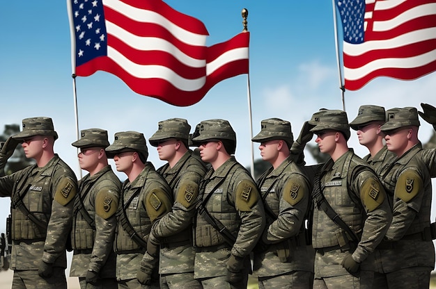 Eine Gruppe von Armeemännern, die die amerikanische Flagge grüßen