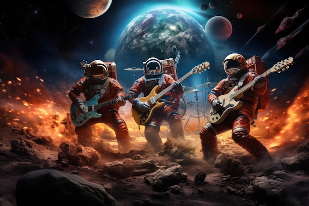 Eine Gruppe von Astronauten spielt Musikband auf dem Planeten Generative AI