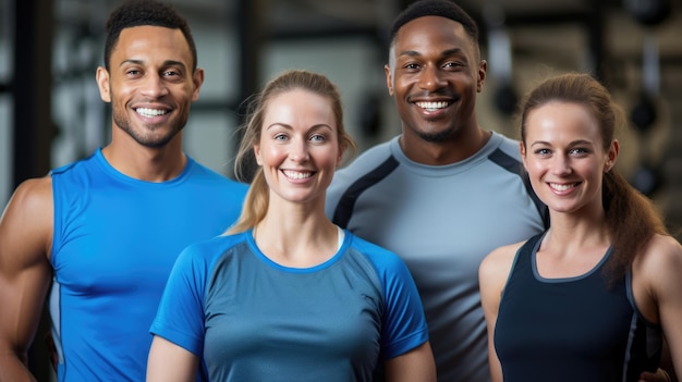 Eine Gruppe von athletischen Männern und Frauen stehen zusammen im Hintergrund einer Turnhalle