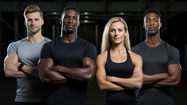 Eine Gruppe von athletischen Männern und Frauen stehen zusammen im Hintergrund einer Turnhalle