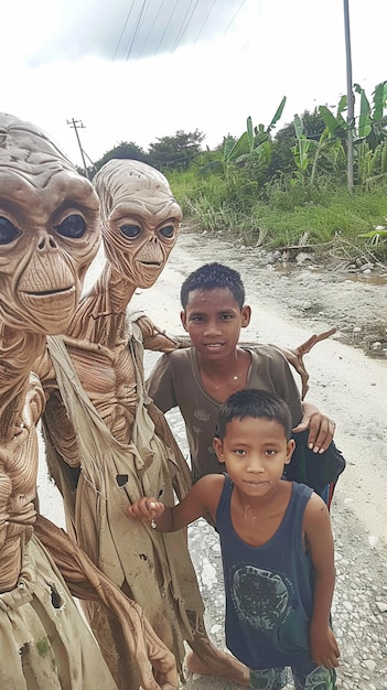 Eine Gruppe von Außerirdischen in seltsamer Kleidung mit einem philippinischen Jungen auf einer schmutzigen Landstraße