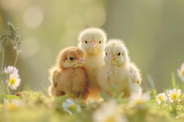 Foto eine gruppe von babyhühnern sind zusammen im gras