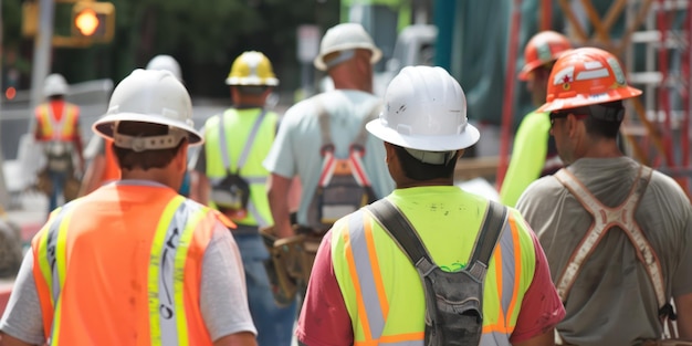 Eine Gruppe von Bauarbeitern mit Schutzhelmen und Sicherheitswesten auf einer Baustelle