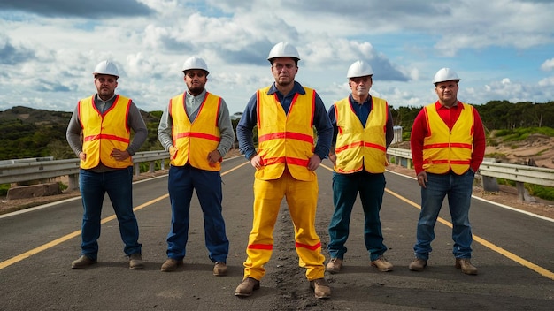 eine Gruppe von Bauarbeitern steht auf einer Straße mit einem, der eine gelbe Weste trägt