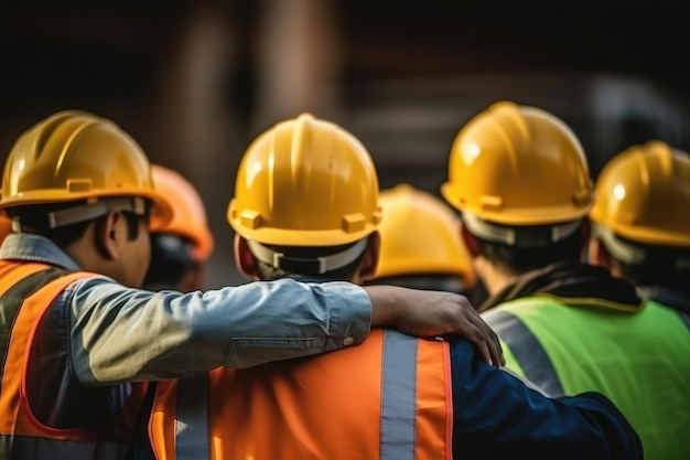 Eine Gruppe von Bauingenieuren arbeitet gemeinsam an der Bewältigung von Herausforderungen auf einer Baustelle. Generative KI