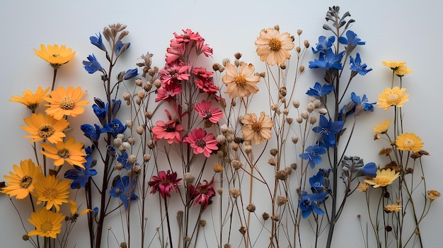 Eine Gruppe von Blumen, die zusammen mit einer Blume in der Mitte des Bildes an einer Wand stehen