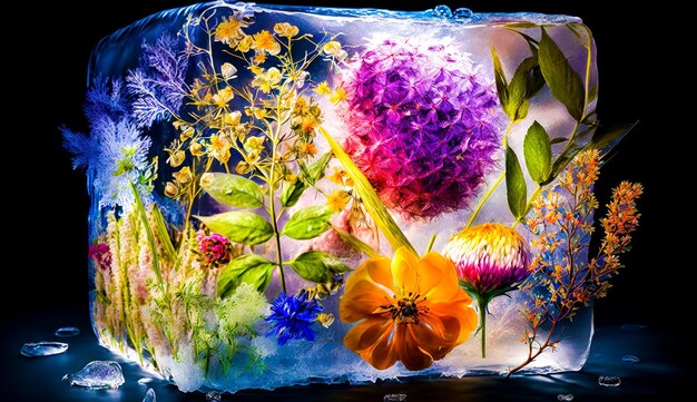 Foto eine gruppe von blumen sitzt auf einem blauen eisblock, der mit wasser bedeckt ist. generative ki