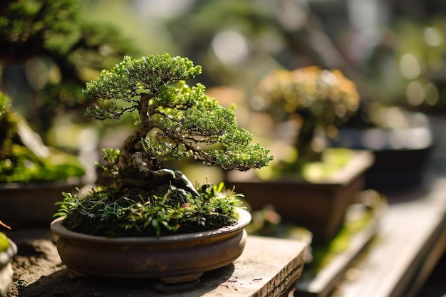 Foto eine gruppe von bonsai-bäumen, die auf einem holztisch sitzen