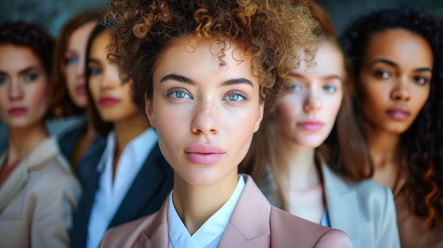 Eine Gruppe von Büroangestellten, alle Frauen in Geschäftsanzügen, stehen in einer Reihe zusammen