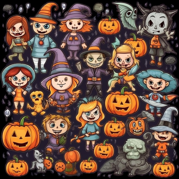 eine Gruppe von Cartoon-Halloween-Charaktere mit Kürbissen und Hexen generative ai