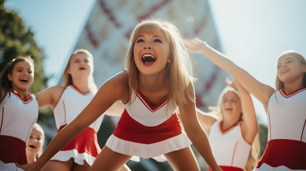 Eine Gruppe von Cheerleadern, die einen Pyramidenstunt durchführen