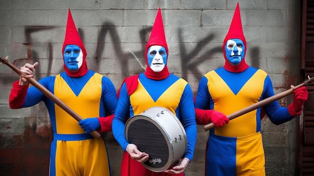 Eine Gruppe von Clowns in blauen und gelben Kostümen steht vor Graffiti