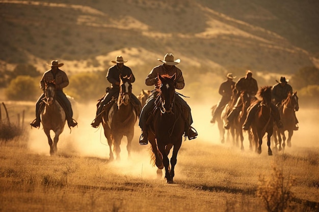 eine Gruppe von Cowboys reitet auf Pferden in der Wüste