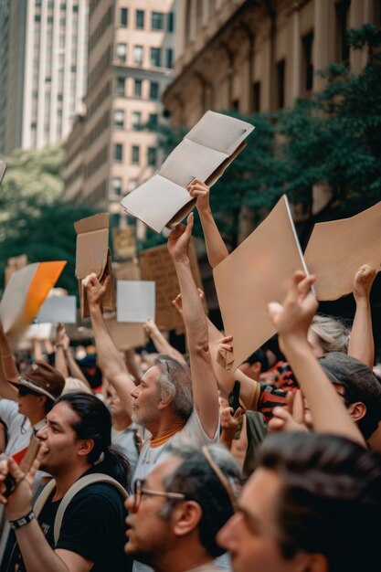 Eine Gruppe von Demonstranten hält saubere Nachbildungen von Schildern in die Luft. Generatives KI-Bild