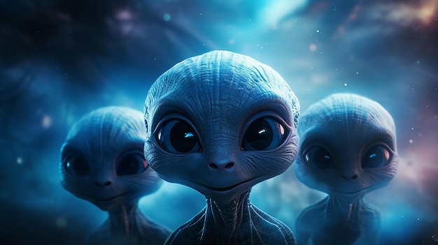 eine Gruppe von drei Außerirdischen auf dem Hintergrund von Nebel fiktive Raum Grafiken Computer, fantastisch