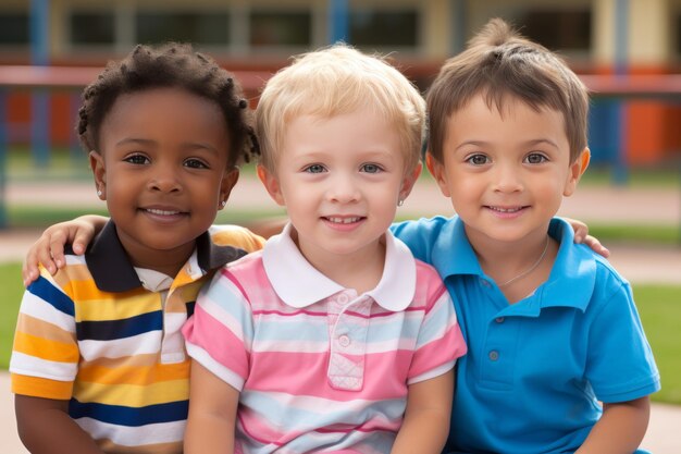 Foto eine gruppe von drei kindern sitzt zusammen