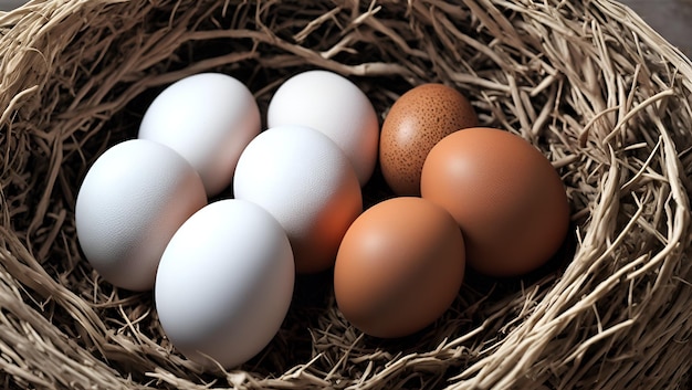 Eine Gruppe von Eiern in einem Nest mit einem braunen Ei.