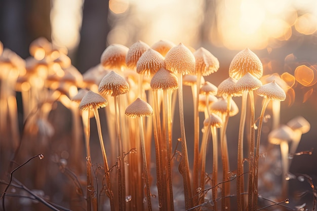 Eine Gruppe von Enokitake-Pilzen im verschwommenen Hintergrund