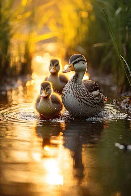 eine Gruppe von Enten, die im Wasser schwimmen