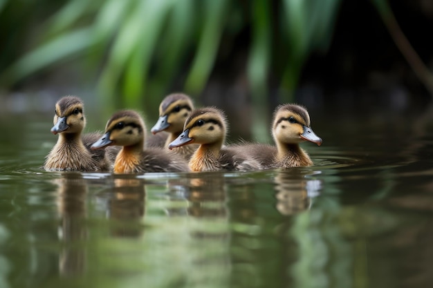 Eine Gruppe von Entenküken schwimmt in einem Teich, während ihre Mutter Wache hält, erstellt mit generativer KI